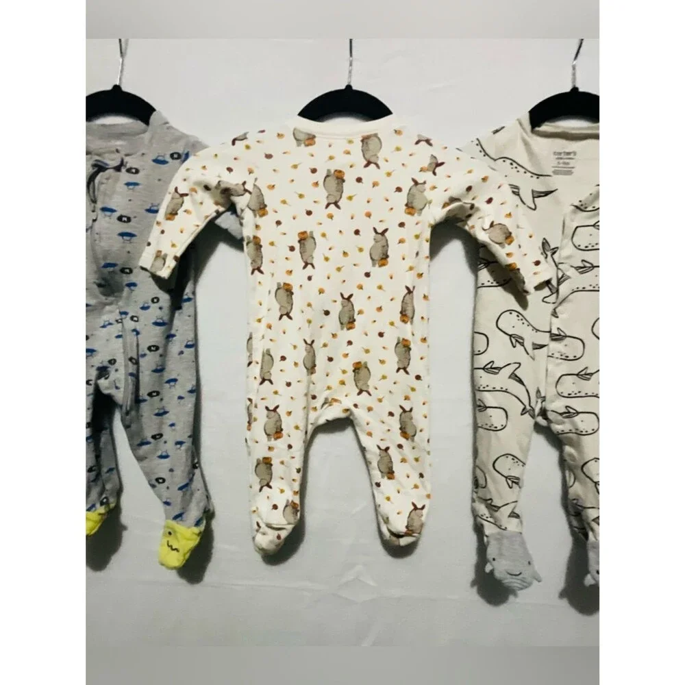 Lot of 3 Carter's Old Navy Baby Boy 6-9M Cotton Sleep and Play Whales Monsters